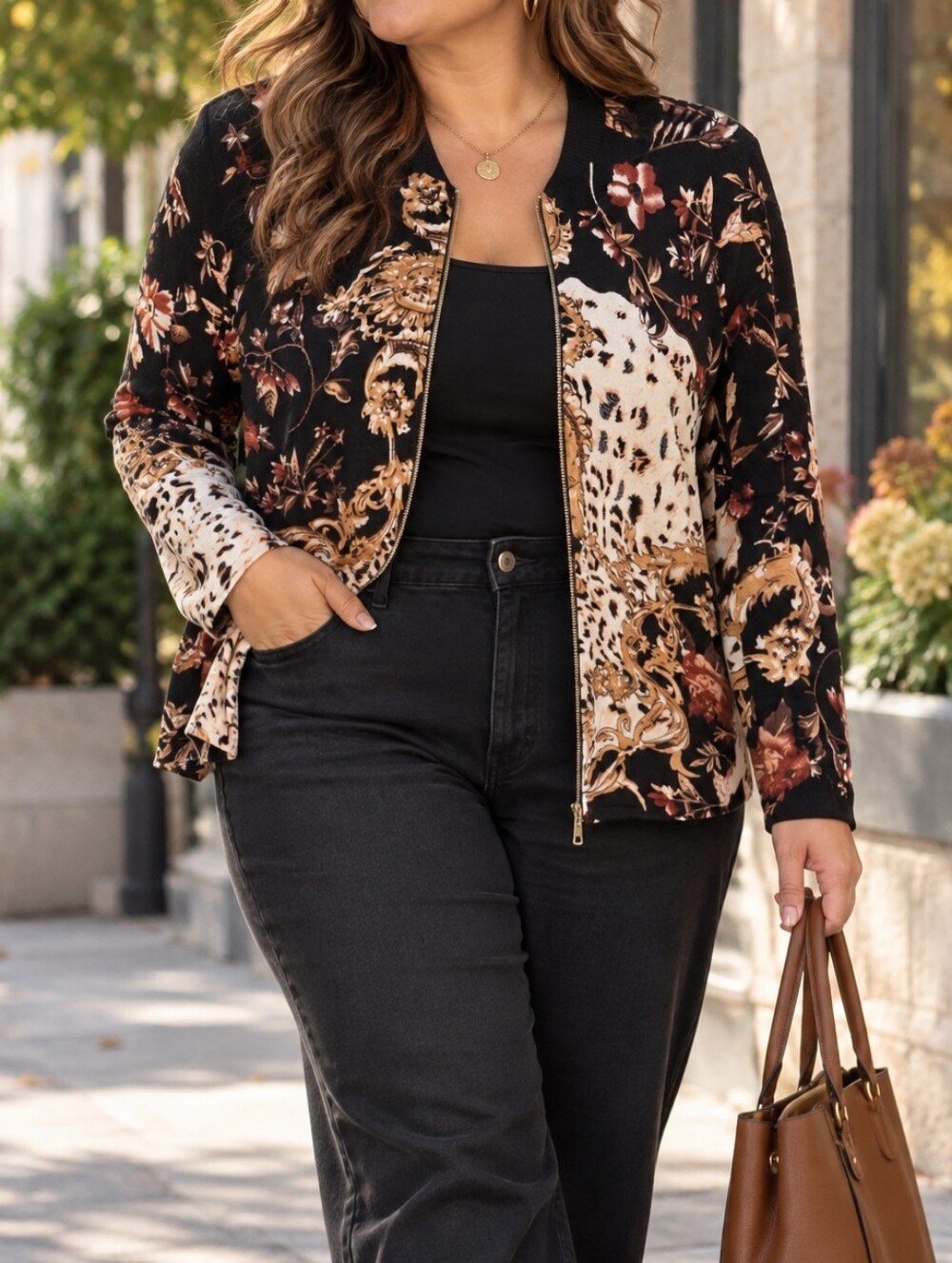 Minkas Black Cream Floral Animal Print Zip Front Jacket Baroque Leopard Causal